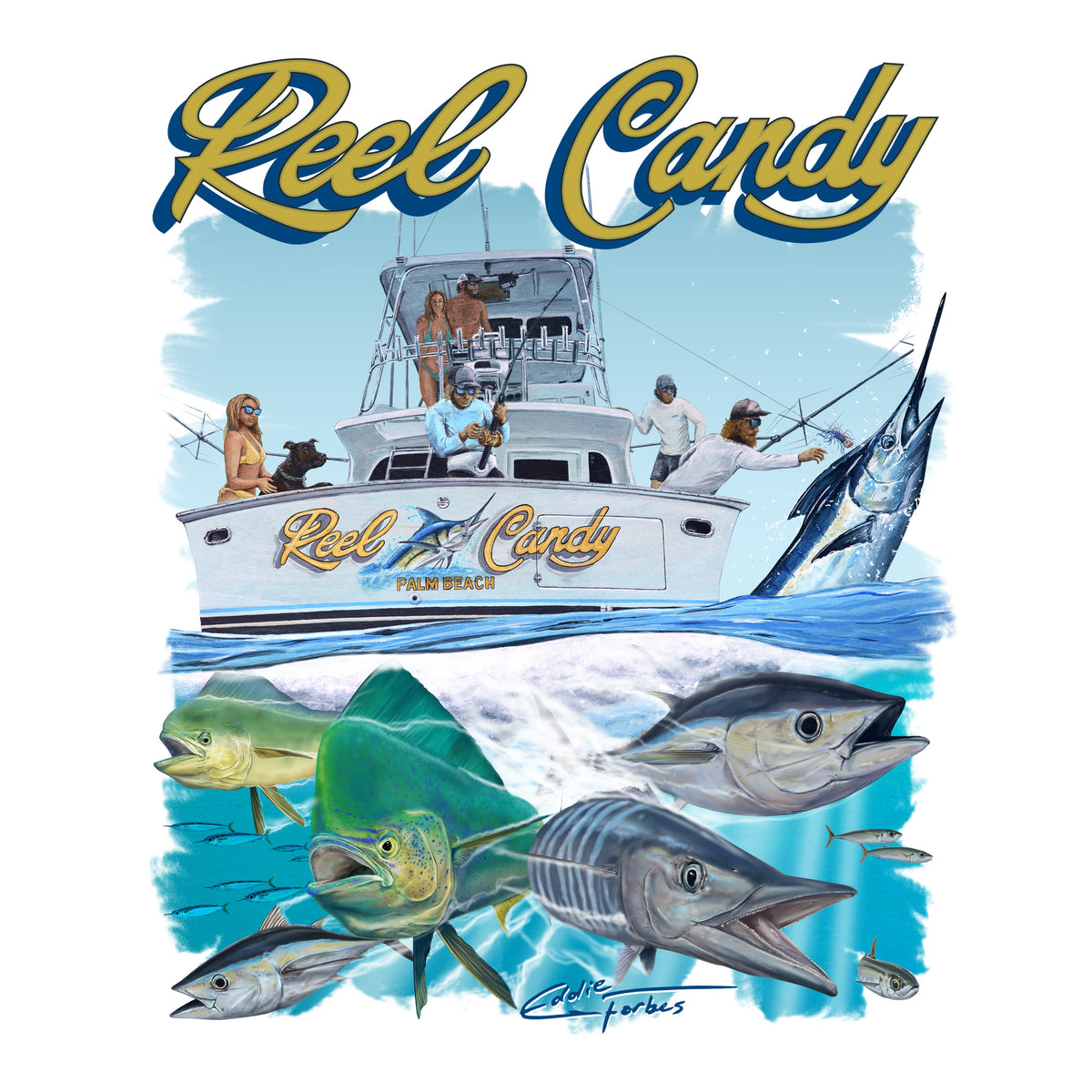 Fishing-themed graphic with a boat, fish, and 'Reel Candy' branding.